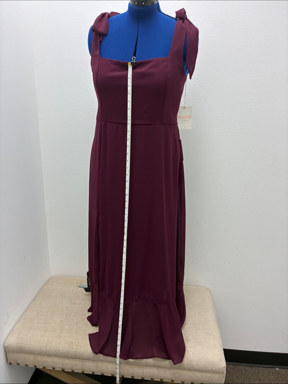 Women's Burgundy Tie-Shoulder Square-Neck Maxi Bridesmaid Dress - Picture 11 of 14